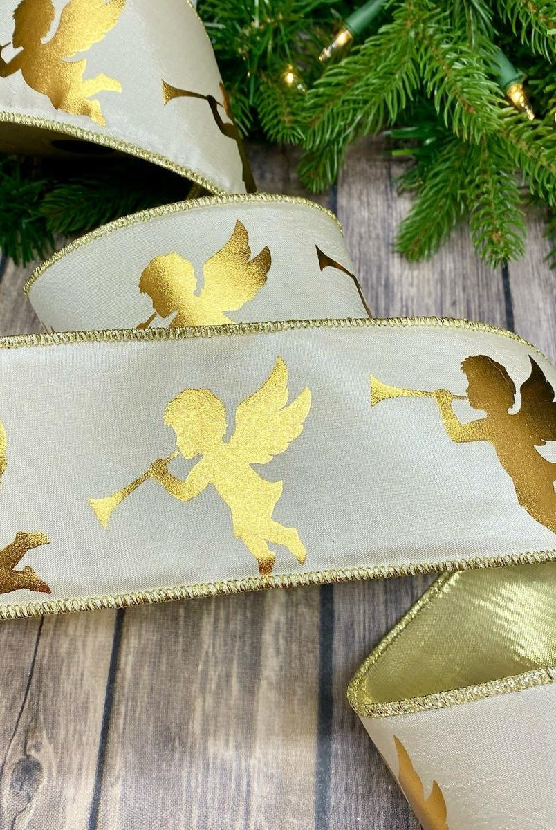 Shop For 3" Taffeta Gold Foil Trumpet Angels Ribbon: White (10 Yards) at Michelle's aDOORable Creations