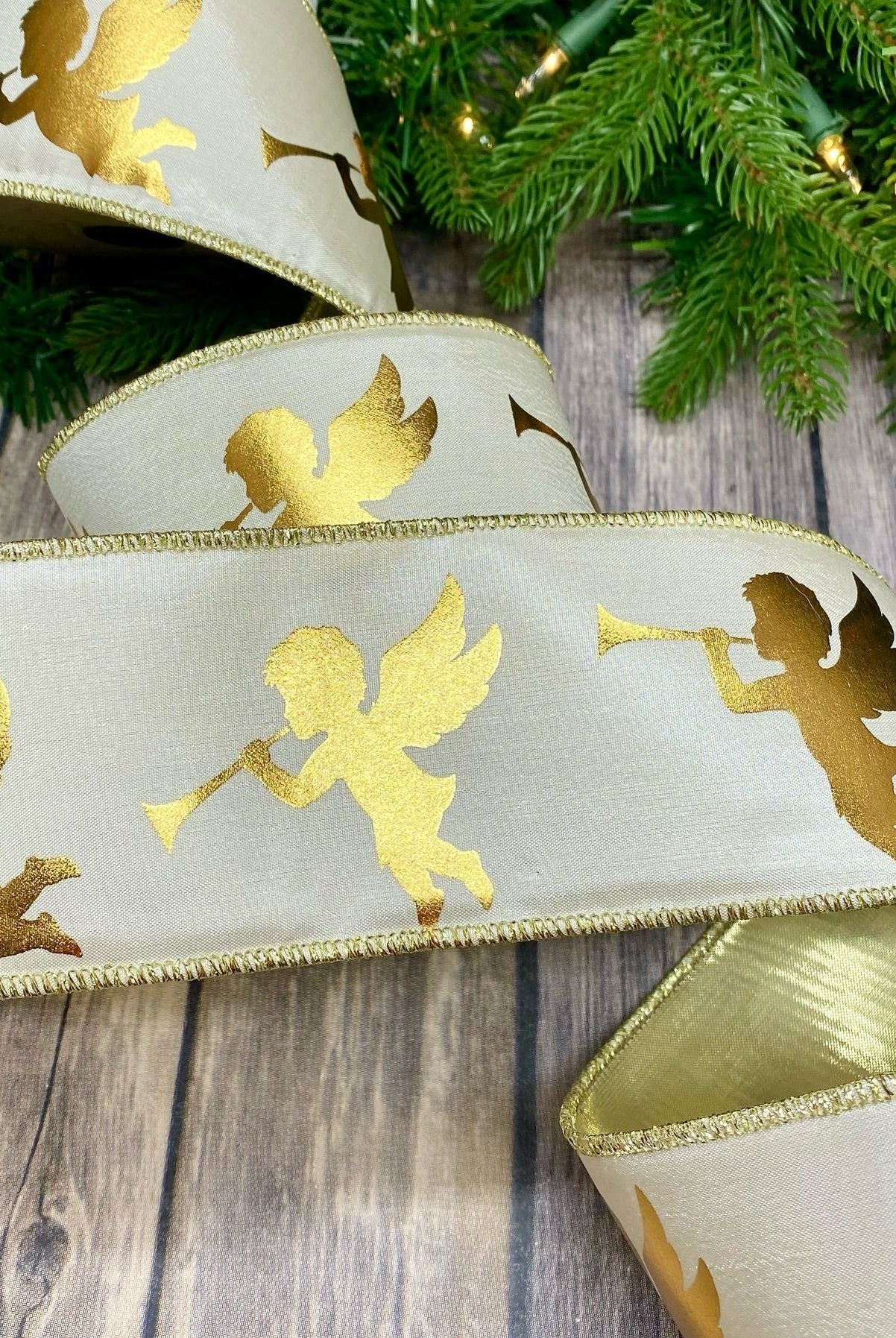 Shop For 3" Taffeta Gold Foil Trumpet Angels Ribbon: White (10 Yards) at Michelle's aDOORable Creations