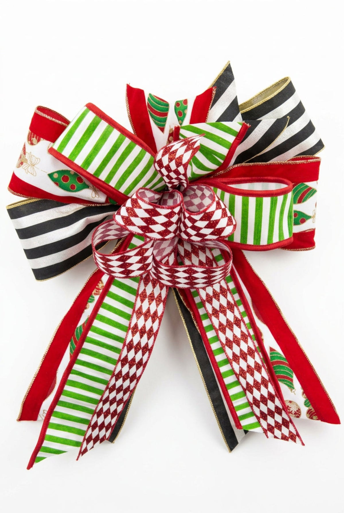 Red green striped Christmas bow with wired ribbon loops