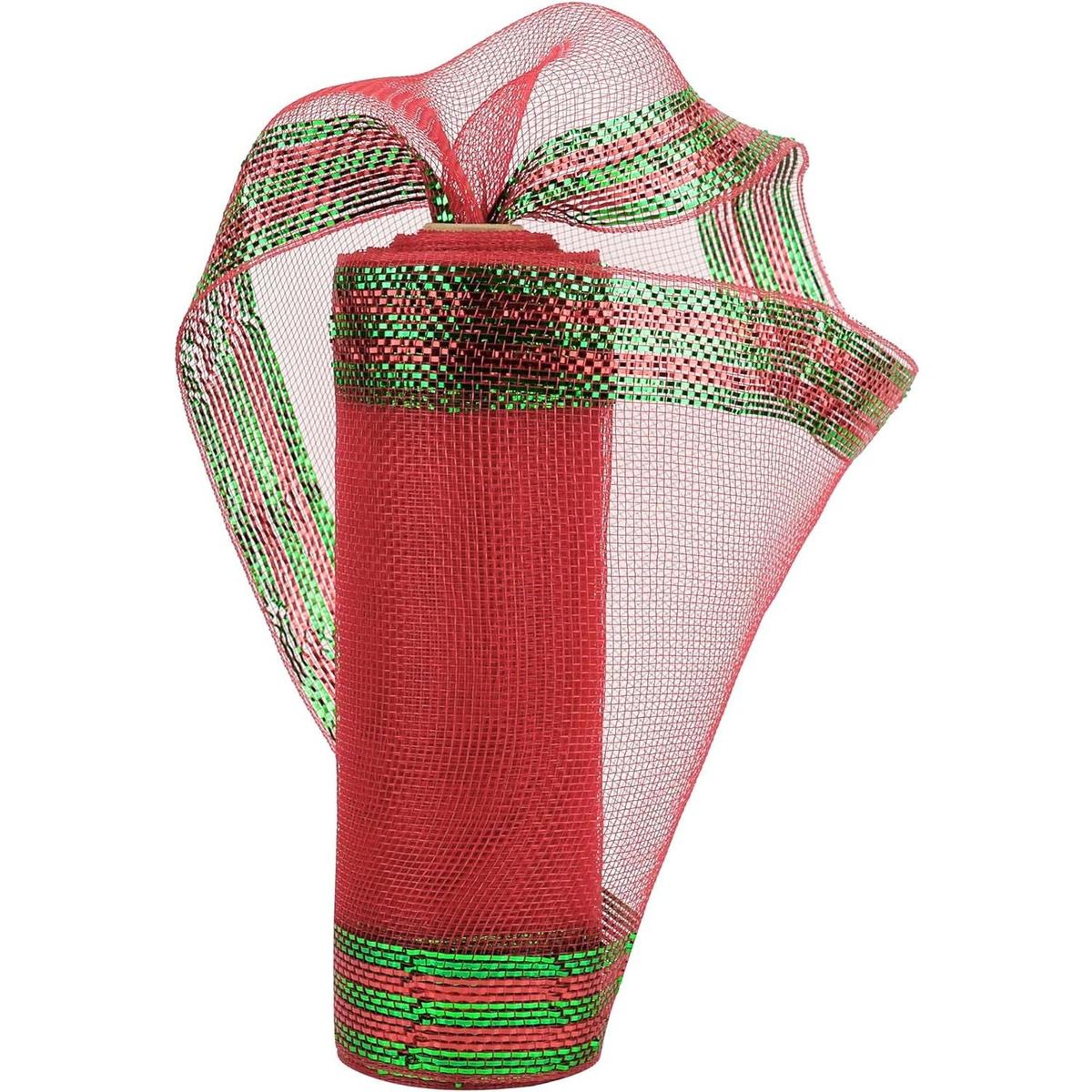 Shop For 10" Border Stripe Metallic Mesh Ribbon: Red/Lime Green (10 Yards) at Michelle's aDOORable Creations