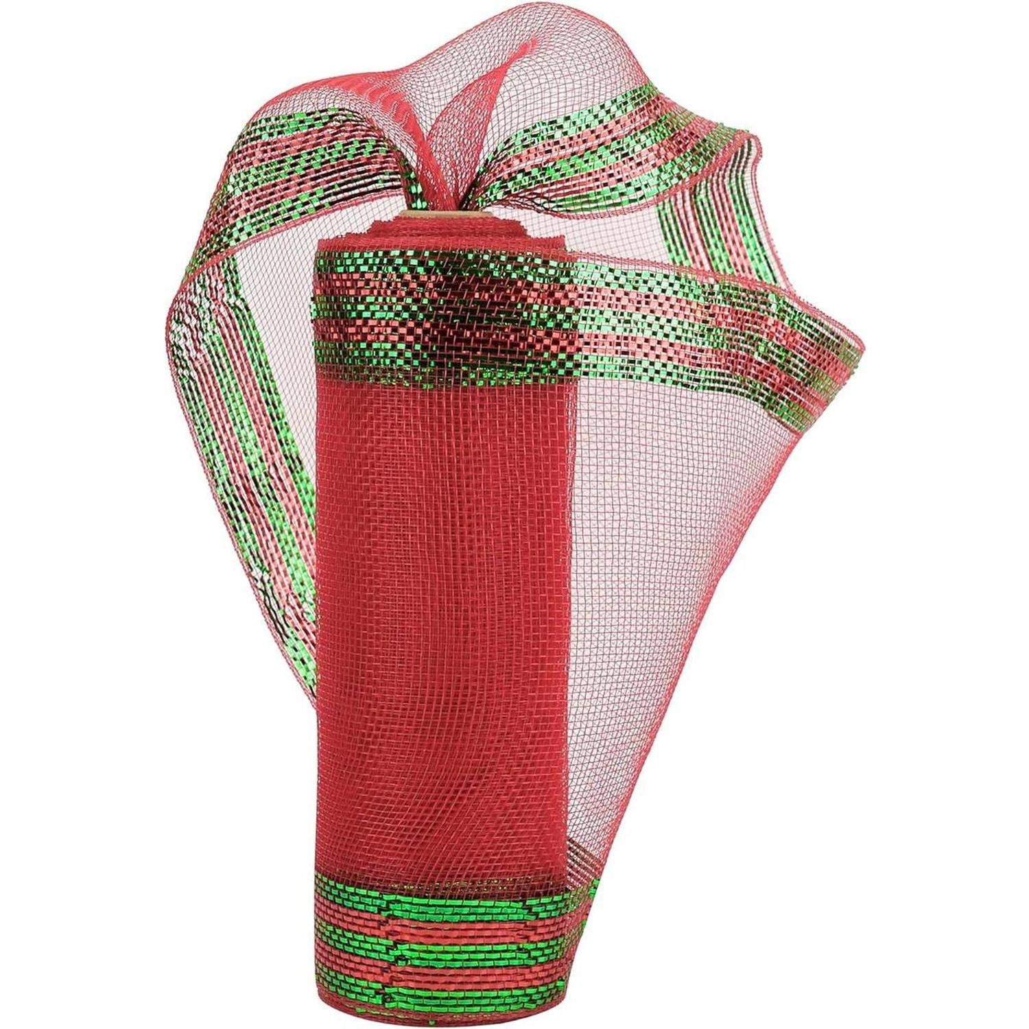 Shop For 10" Border Stripe Metallic Mesh Ribbon: Red/Lime Green (10 Yards) at Michelle's aDOORable Creations