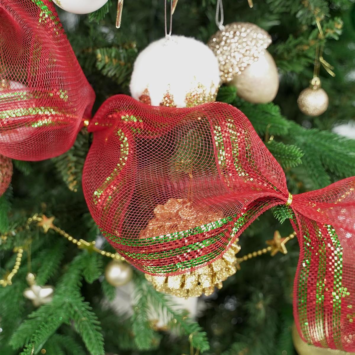 Shop For 10" Border Stripe Metallic Mesh Ribbon: Red/Lime Green (10 Yards) at Michelle's aDOORable Creations