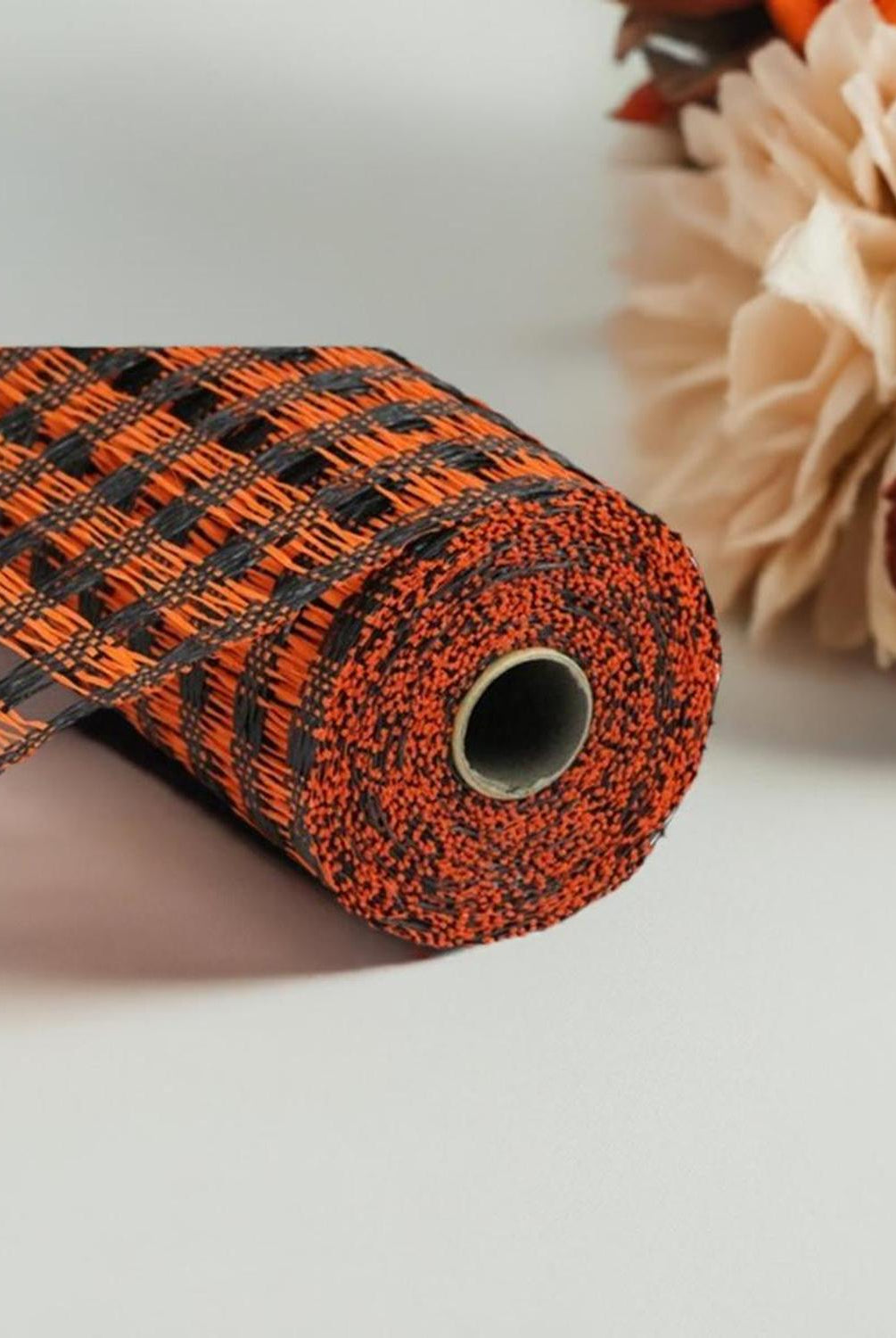 10" Poly Burlap Check Mesh Ribbon: Black & Orange (10 Yards)