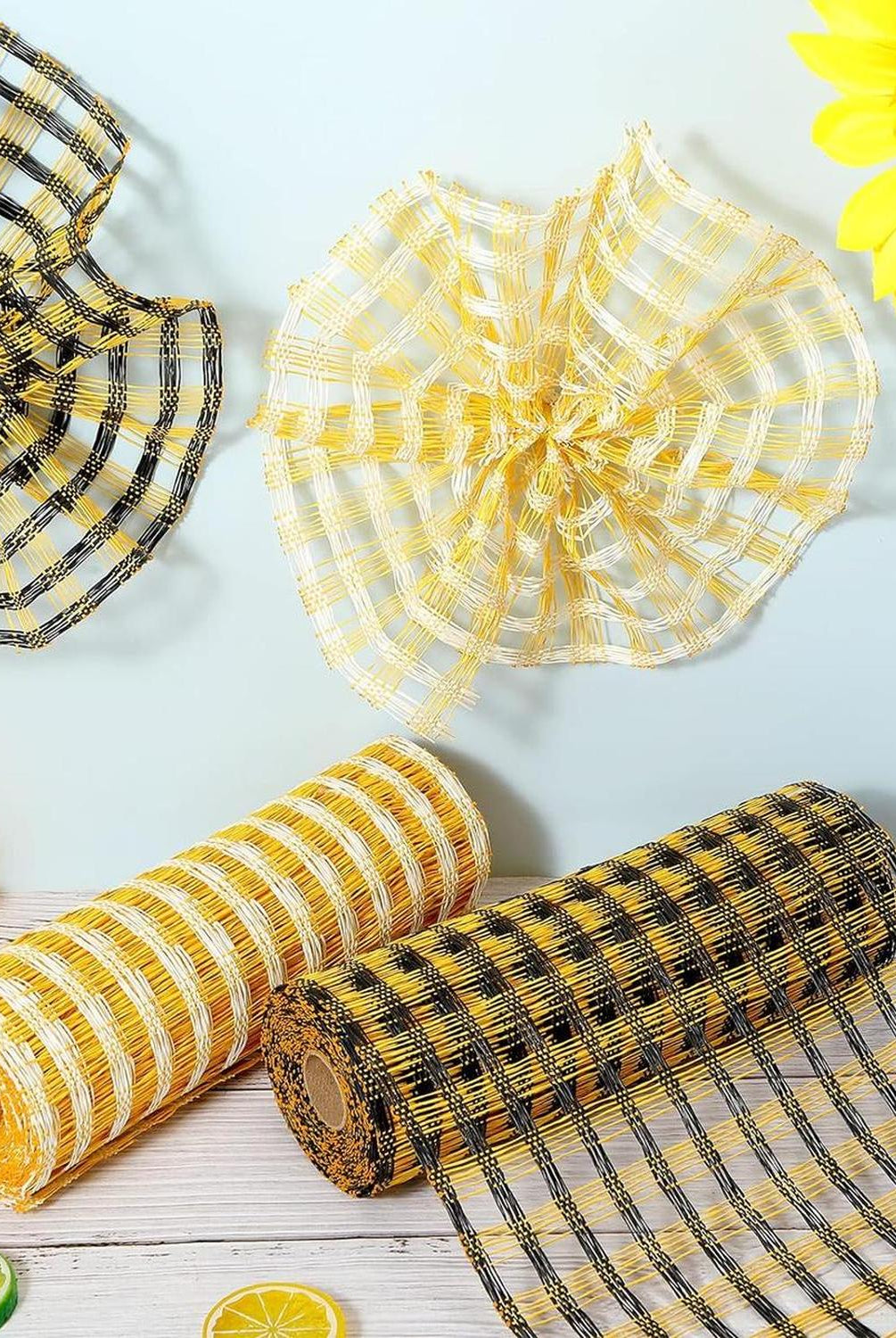 10" Poly Burlap Check Mesh Ribbon: Black & Yellow