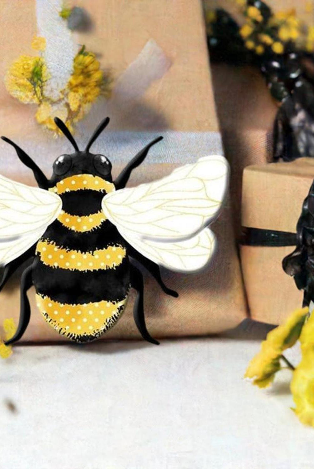 12" Metal Embossed Bee Hanger: Yellow
