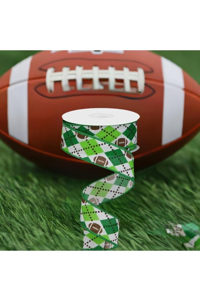 1.5" Argyle Footballs Ribbon: Green (10 Yards) - Michelle's aDOORable Creations - Wired Edge Ribbon