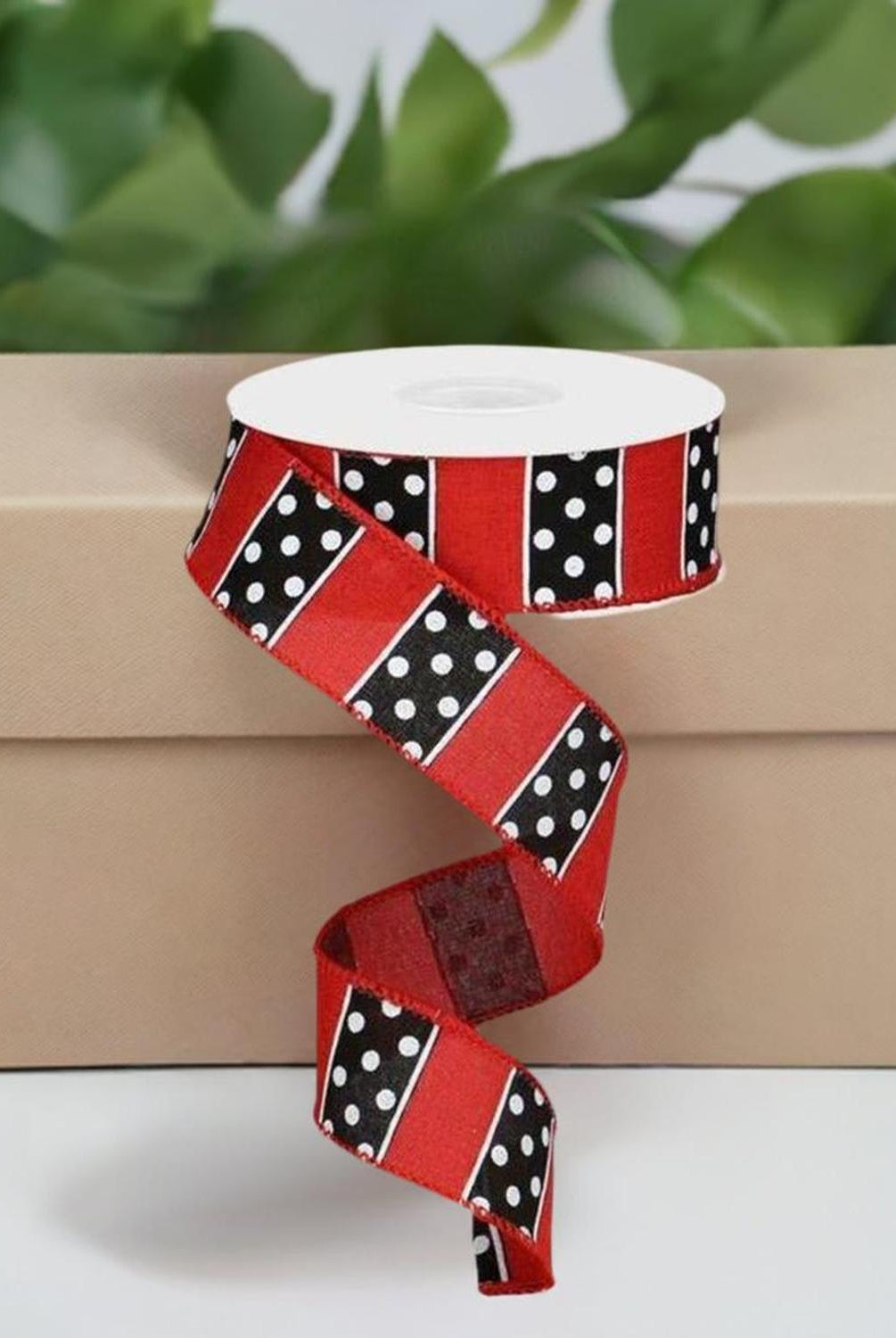 1.5" B & W Polka Dot Stripes Ribbon: Red (10 Yards)