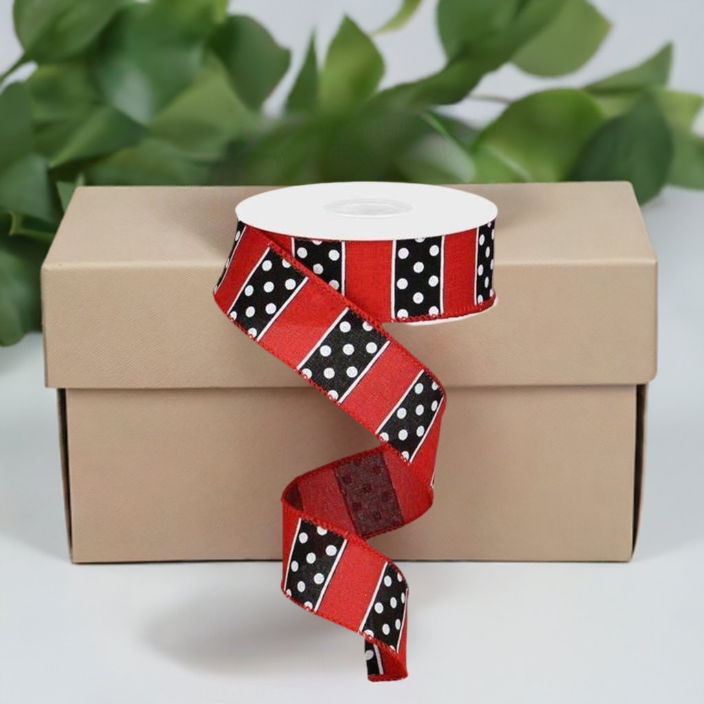 Shop For 1.5" B & W Polka Dot Stripes Ribbon: Red (10 Yards) at Michelle's aDOORable Creations