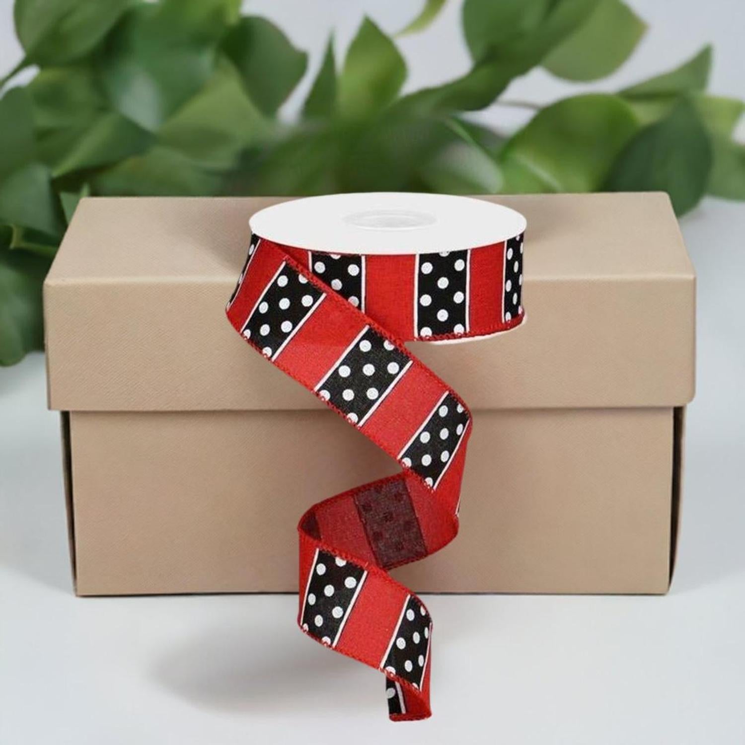 Shop For 1.5" B & W Polka Dot Stripes Ribbon: Red (10 Yards) at Michelle's aDOORable Creations
