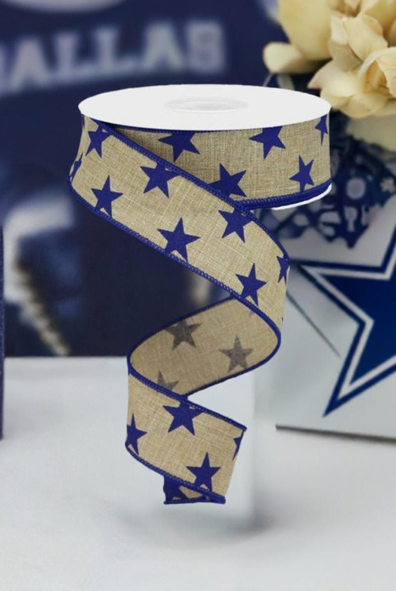 Shop For 1.5" Beige Royal Canvas Ribbon: Blue Stars (10 Yards) at Michelle's aDOORable Creations