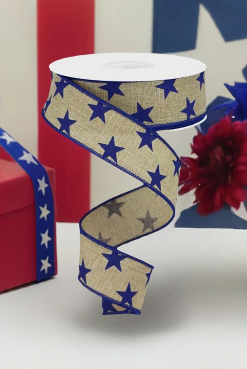 Shop For 1.5" Beige Royal Canvas Ribbon: Blue Stars (10 Yards) at Michelle's aDOORable Creations