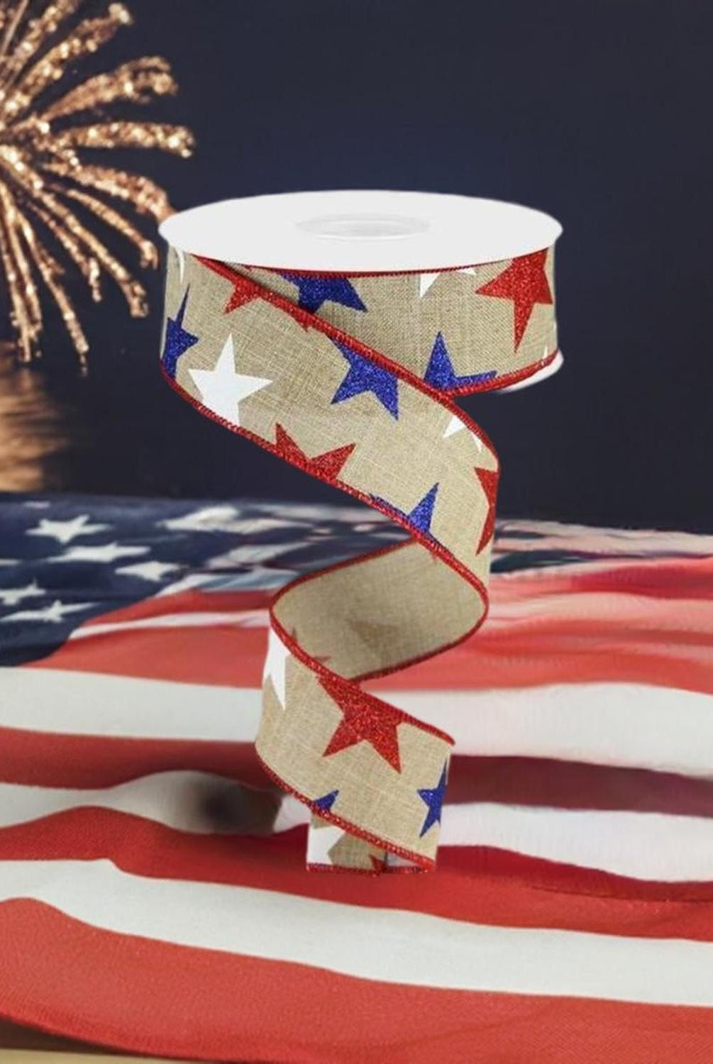 Shop For 1.5" Beige Royal Canvas Ribbon: Patriotic Stars (10 Yards) at Michelle's aDOORable Creations