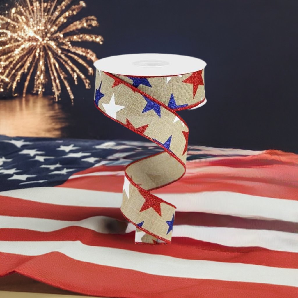 Shop For 1.5" Beige Royal Canvas Ribbon: Patriotic Stars (10 Yards) at Michelle's aDOORable Creations
