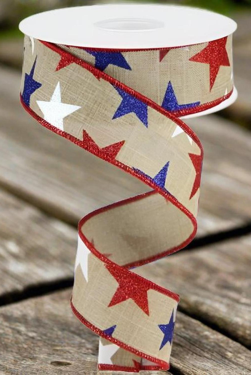 Shop For 1.5" Beige Royal Canvas Ribbon: Patriotic Stars (10 Yards) at Michelle's aDOORable Creations