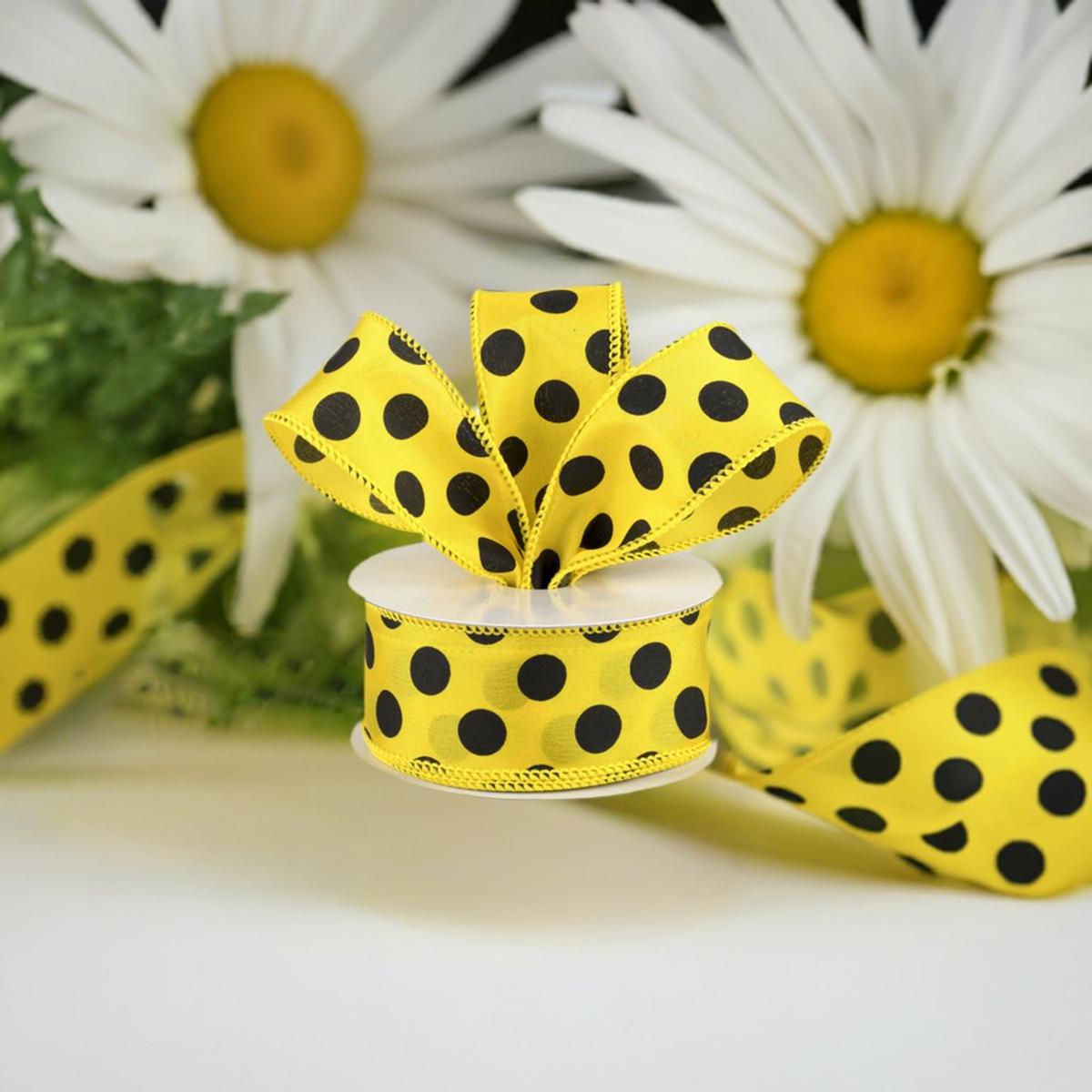Shop For 1.5" Big Polka Dot Ribbon: Yellow & Black (10 Yards) at Michelle's aDOORable Creations