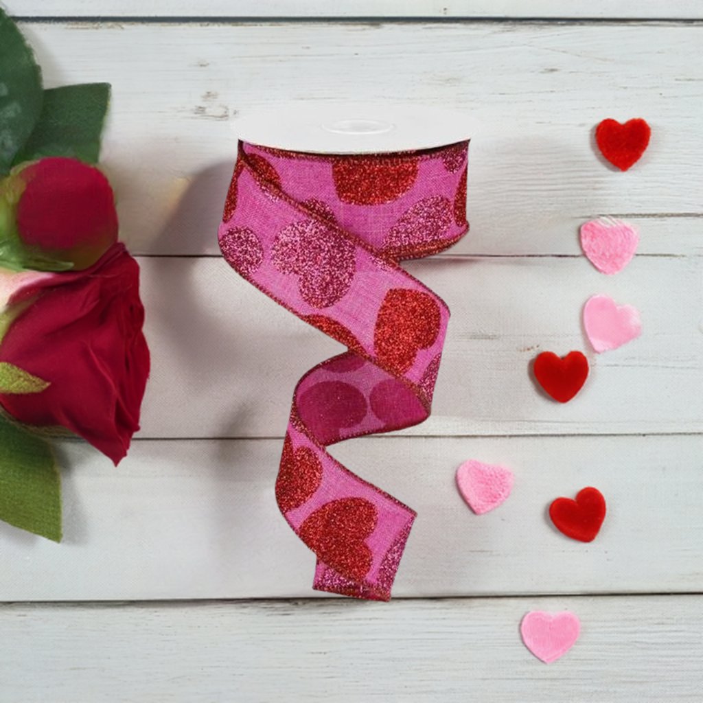 Shop For 1.5" Bold Glitter Hearts Royal Ribbon: Pink (10 Yards) at Michelle's aDOORable Creations