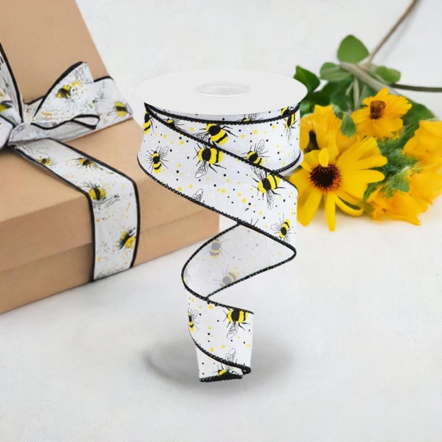 Shop For 1.5" Bumble Bee On Diagonal Weave Ribbon: White (10 Yards) at Michelle's aDOORable Creations