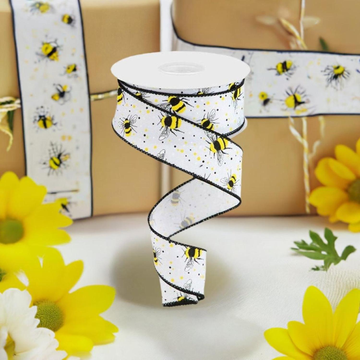Shop For 1.5" Bumble Bee On Diagonal Weave Ribbon: White (10 Yards) at Michelle's aDOORable Creations