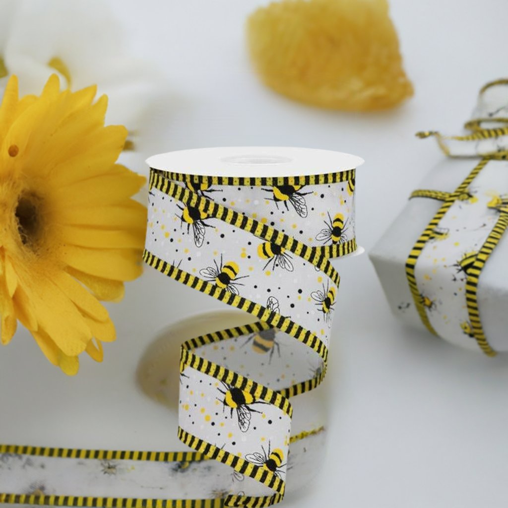 Shop For 1.5" Bumble Bee Stripe Edge Ribbon: White (10 Yards) at Michelle's aDOORable Creations
