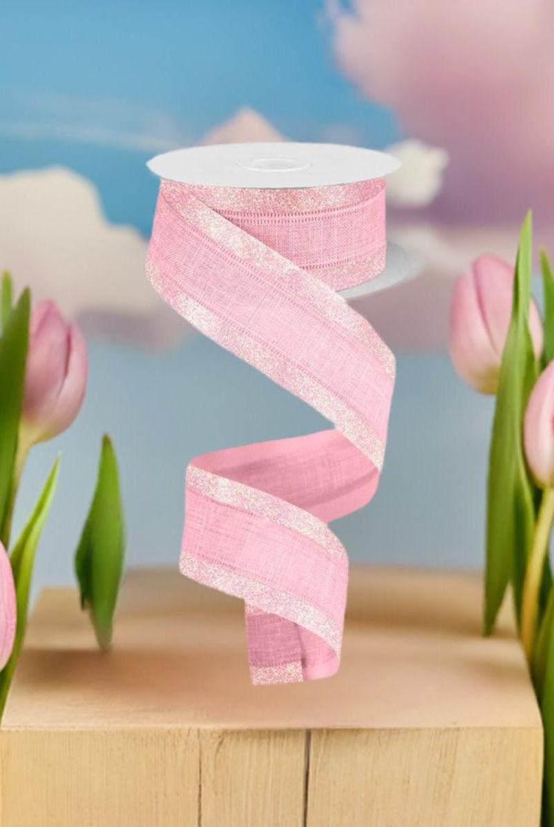 Shop For 1.5" Canvas On Satin Glitter Ribbon: Light Pink (10 Yards) at Michelle's aDOORable Creations