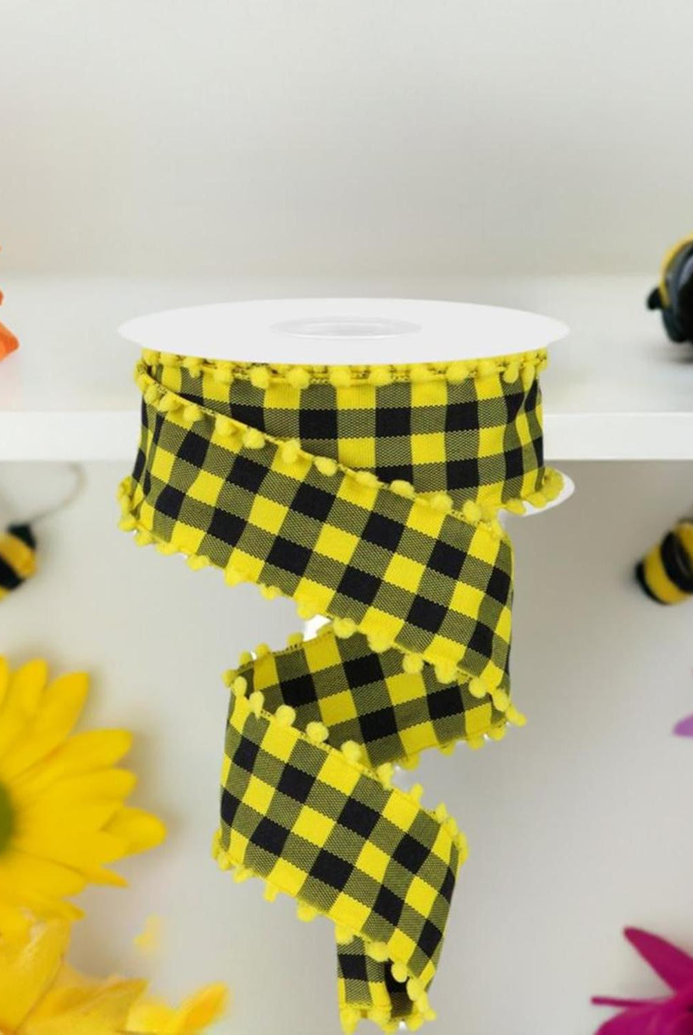Shop For 1.5" Check with Poms Ribbon: Yellow (10 Yards) at Michelle's aDOORable Creations