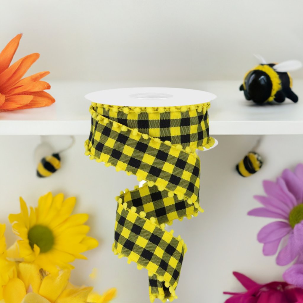 Shop For 1.5" Check with Poms Ribbon: Yellow (10 Yards) at Michelle's aDOORable Creations