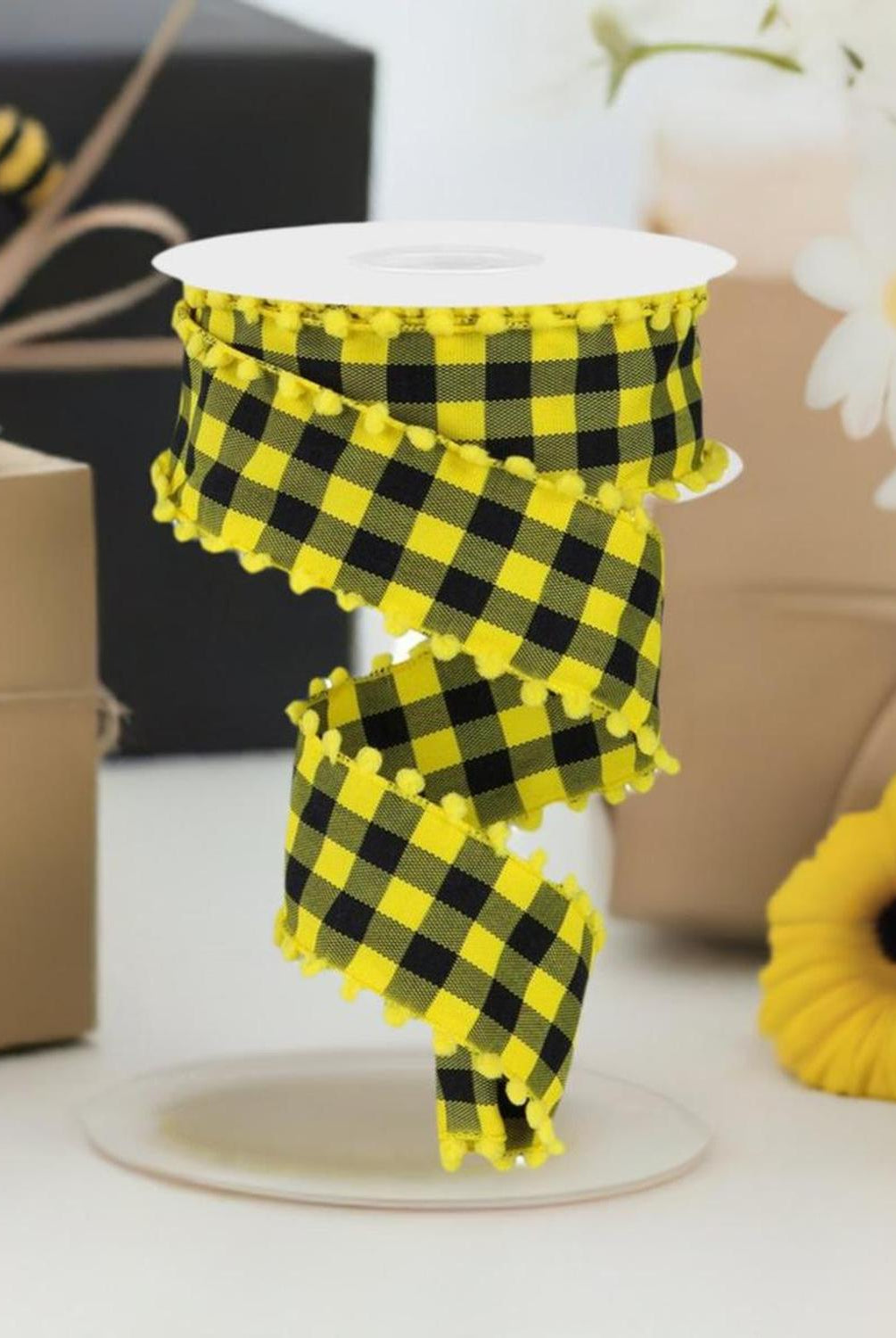 Shop For 1.5" Check with Poms Ribbon: Yellow (10 Yards) at Michelle's aDOORable Creations