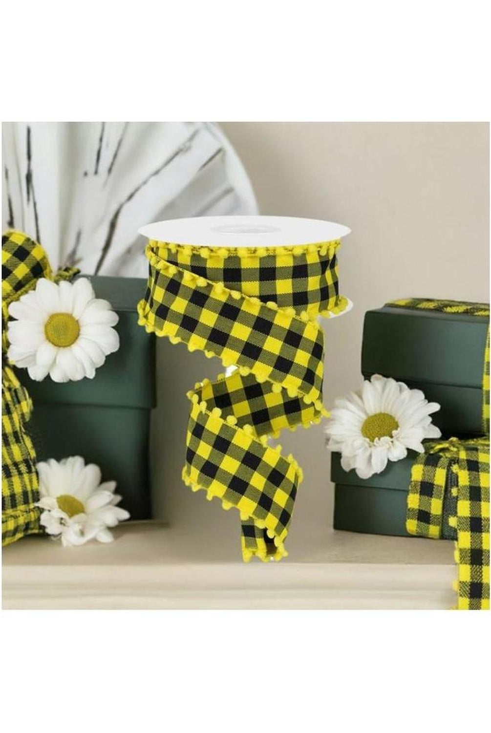 Shop For 1.5" Check with Poms Ribbon: Yellow (10 Yards) at Michelle's aDOORable Creations