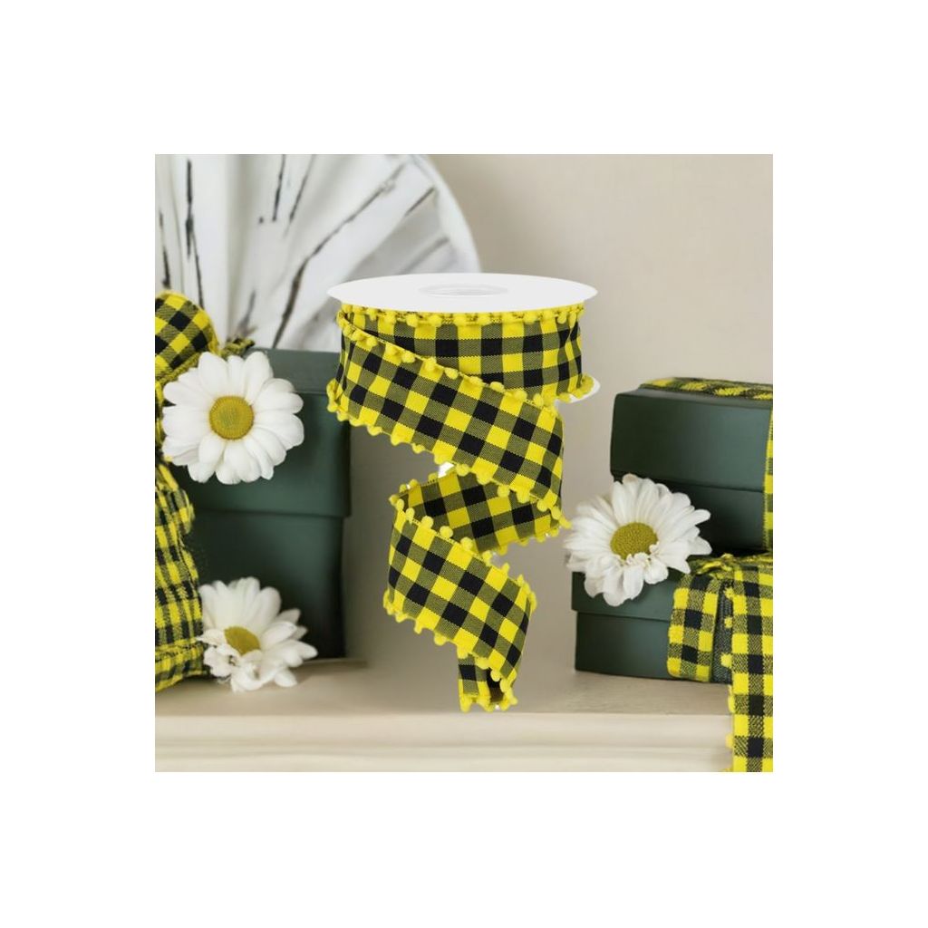 Shop For 1.5" Check with Poms Ribbon: Yellow (10 Yards) at Michelle's aDOORable Creations