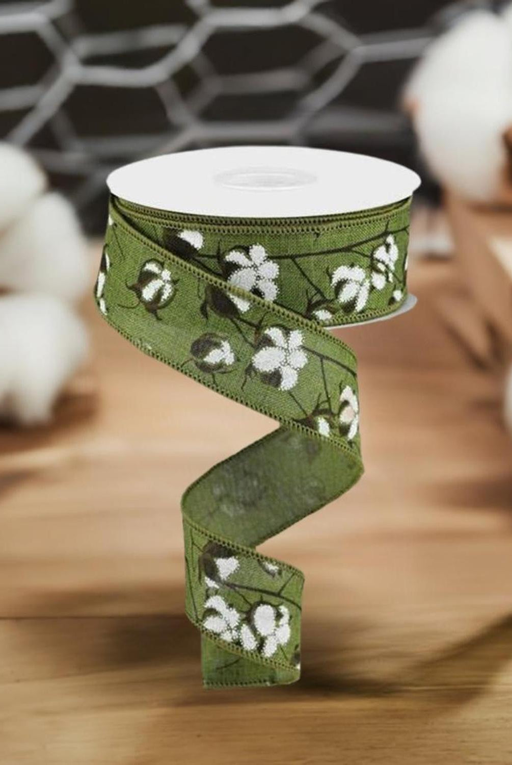 Shop For 1.5" Cotton Pod Ribbon: Moss Green & White (10 Yards) at Michelle's aDOORable Creations