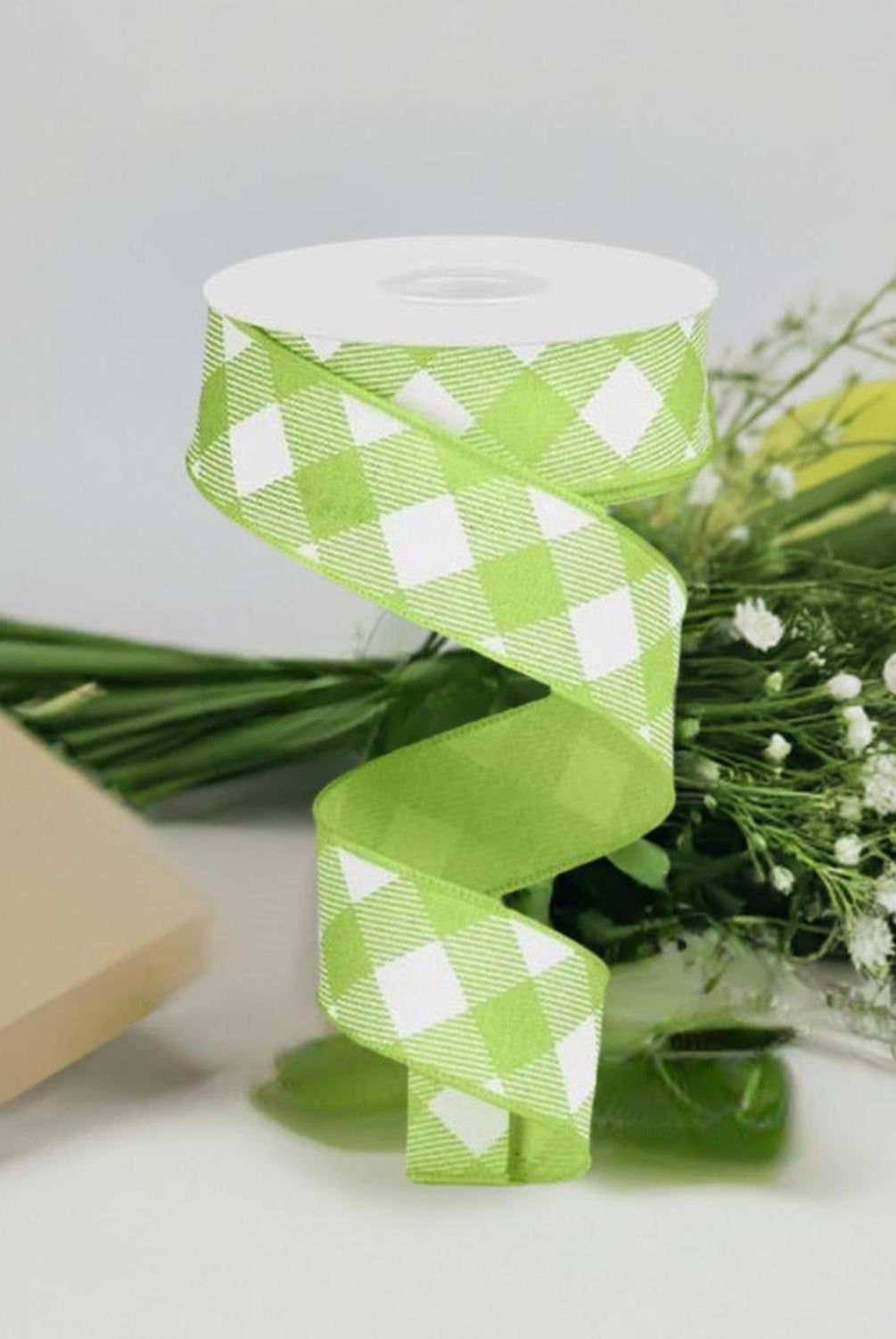 Shop For 1.5" Diagonal Check On Royal Ribbon: Bright Green & White (10 Yards) at Michelle's aDOORable Creations