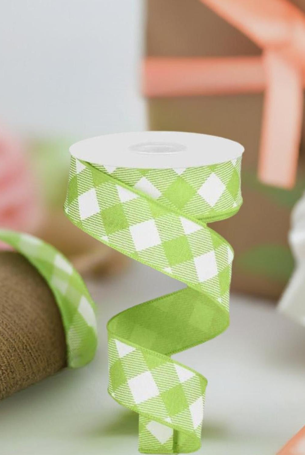 Shop For 1.5" Diagonal Check On Royal Ribbon: Bright Green & White (10 Yards) at Michelle's aDOORable Creations