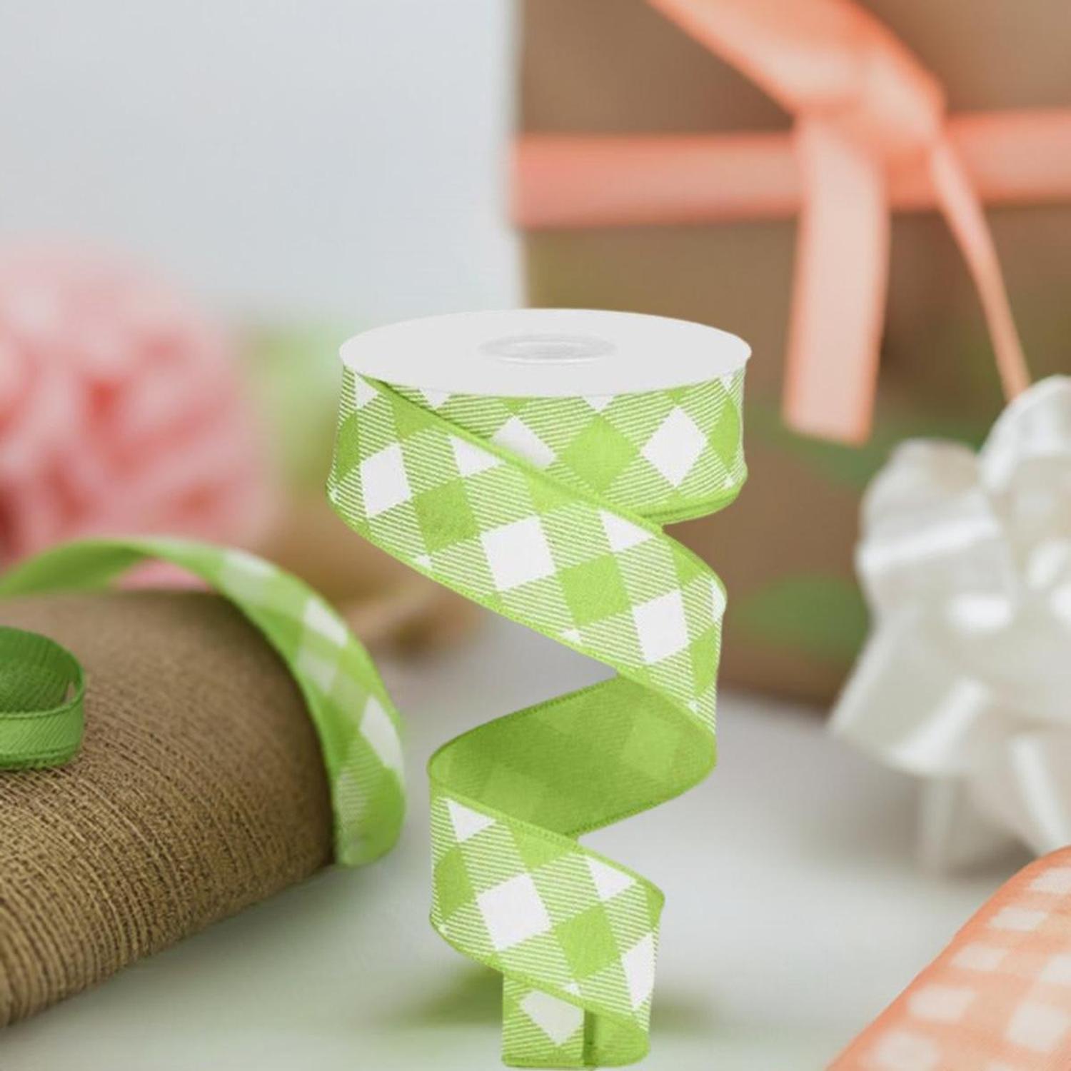 Shop For 1.5" Diagonal Check On Royal Ribbon: Bright Green & White (10 Yards) at Michelle's aDOORable Creations