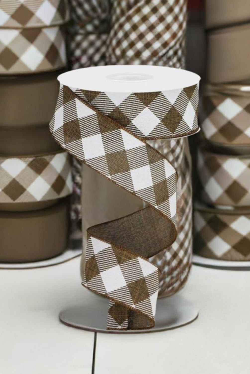 Shop For 1.5" Diagonal Check On Royal Ribbon: Brown & White (10 Yards) at Michelle's aDOORable Creations