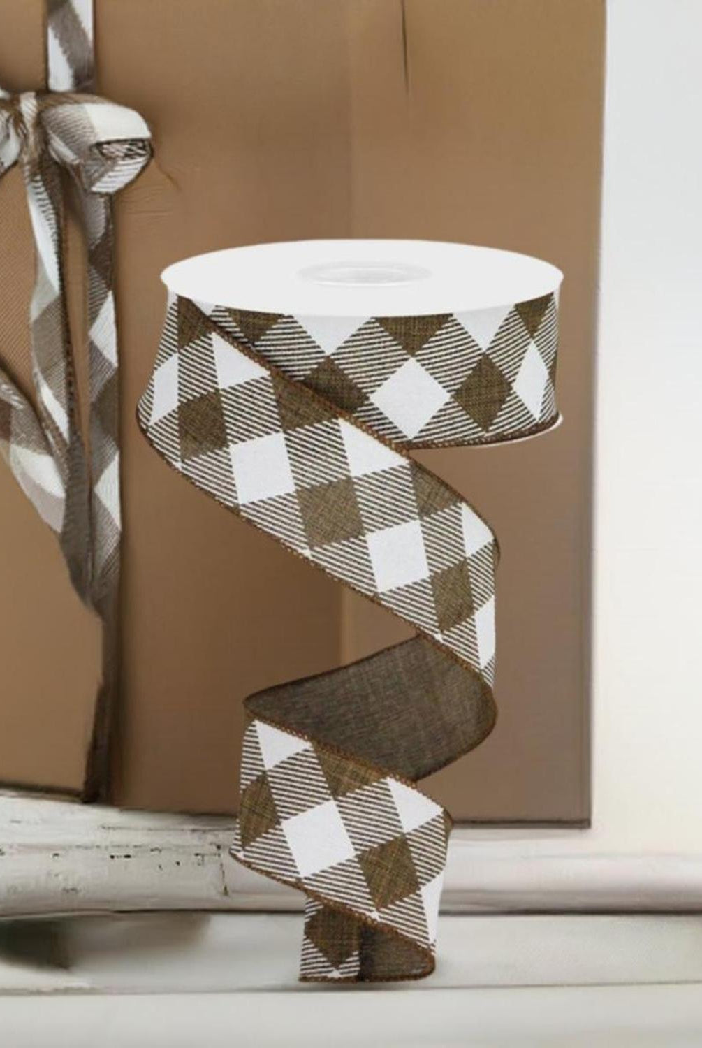 Shop For 1.5" Diagonal Check On Royal Ribbon: Brown & White (10 Yards) at Michelle's aDOORable Creations