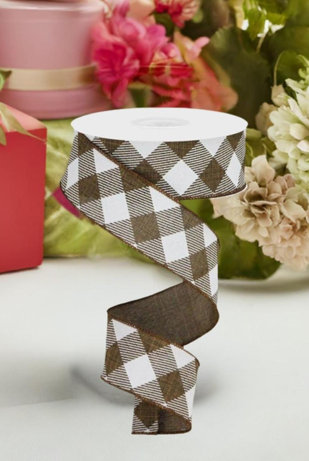 Shop For 1.5" Diagonal Check On Royal Ribbon: Brown & White (10 Yards) at Michelle's aDOORable Creations