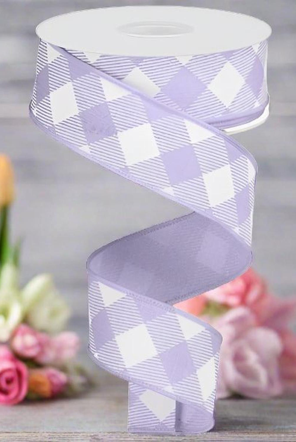 Shop For 1.5" Diagonal Check On Royal Ribbon: Lavender & White (10 Yards) at Michelle's aDOORable Creations