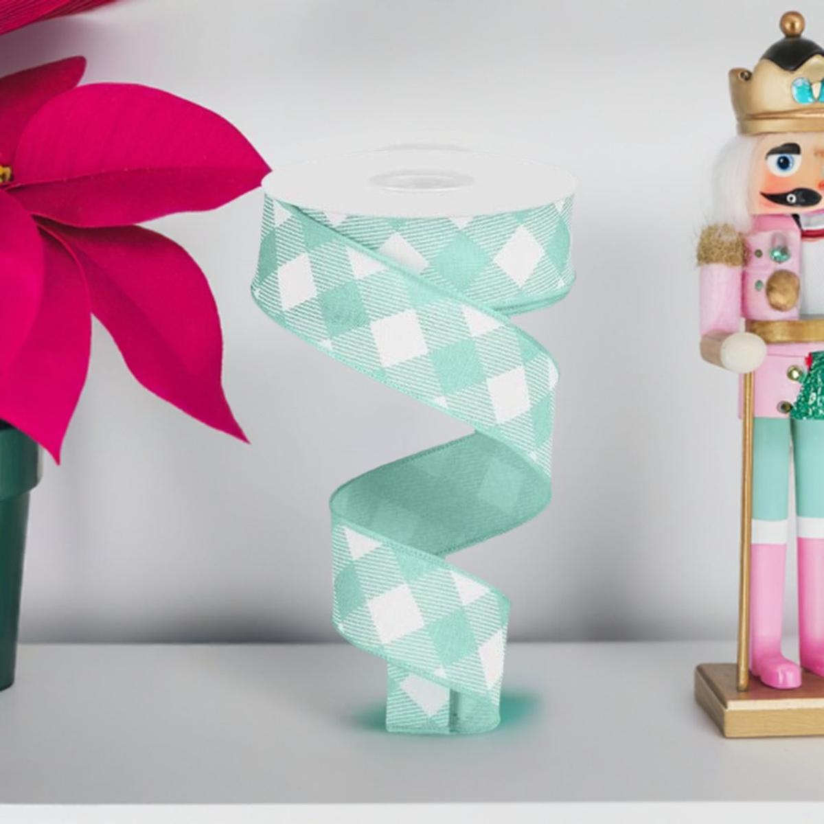 Shop For 1.5" Diagonal Check On Royal Ribbon: Mint Green & White (10 Yards) at Michelle's aDOORable Creations
