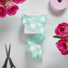 Shop For 1.5" Diagonal Check On Royal Ribbon: Mint Green & White (10 Yards) at Michelle's aDOORable Creations