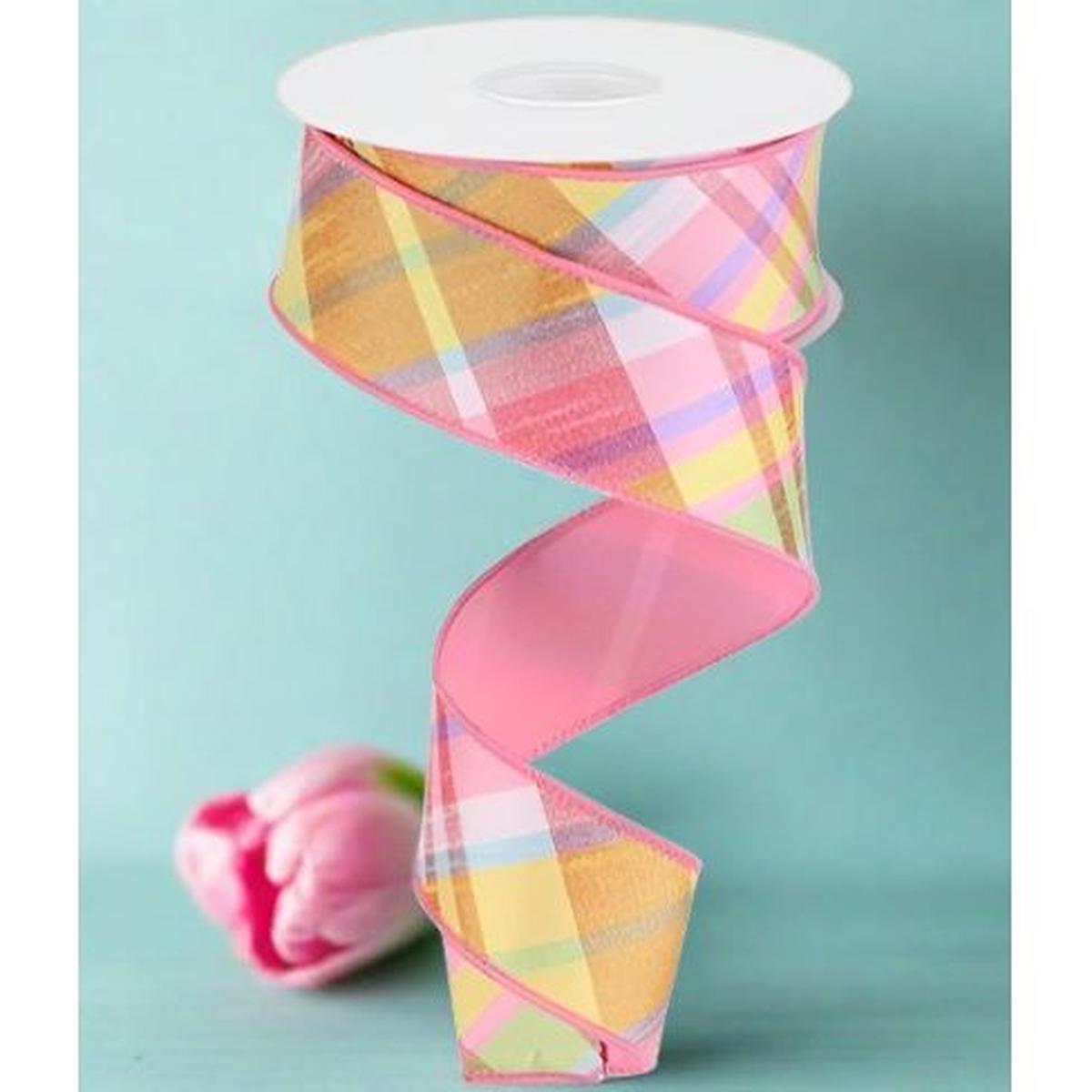 Shop For 1.5" Diagonal Plaid Fused Ribbon: Light Pink/Yellow (10 Yards) at Michelle's aDOORable Creations