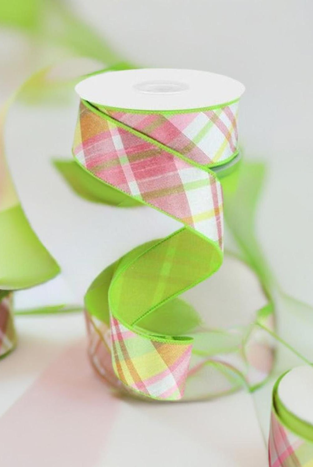 Shop For 1.5" Diagonal Plaid Fused Ribbon: Spring Green (10 Yards) at Michelle's aDOORable Creations