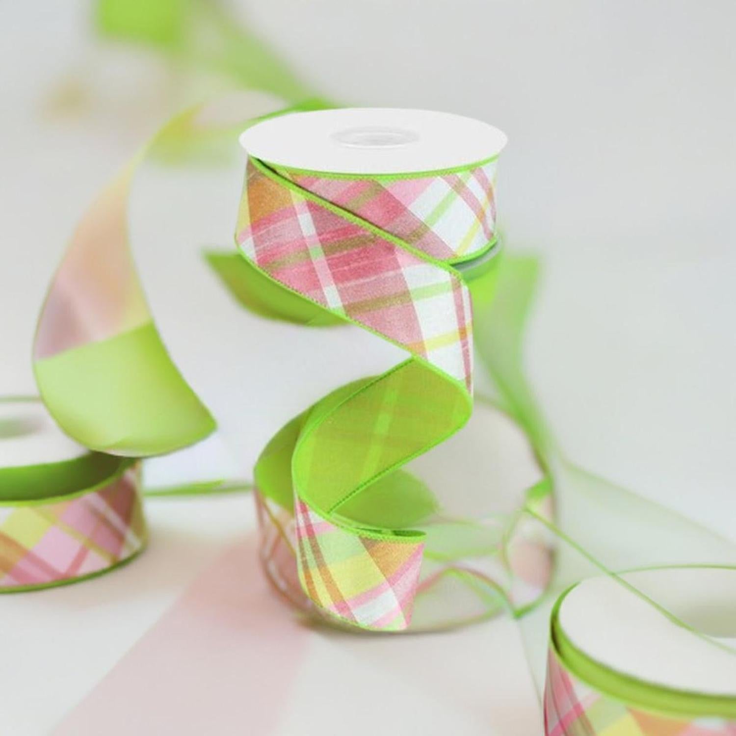 Shop For 1.5" Diagonal Plaid Fused Ribbon: Spring Green (10 Yards) at Michelle's aDOORable Creations