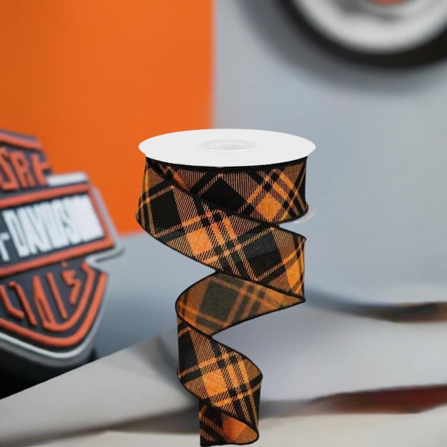 Shop For 1.5" Diagonal Stripe and Check Ribbon: Orange (10 Yards) at Michelle's aDOORable Creations