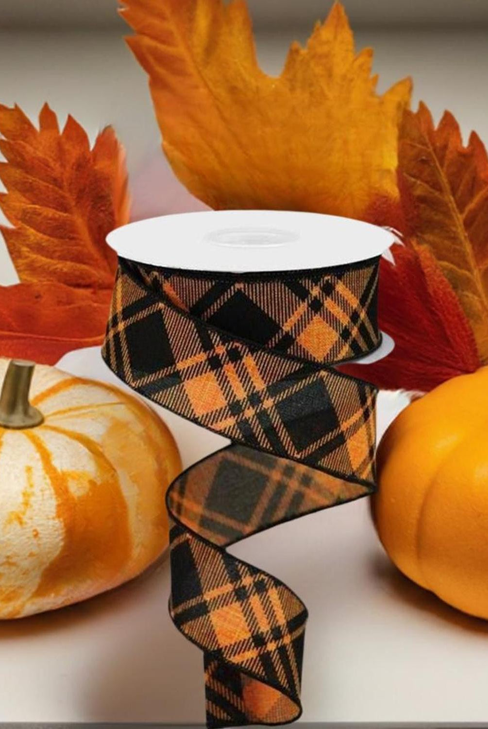 Shop For 1.5" Diagonal Stripe and Check Ribbon: Orange (10 Yards) at Michelle's aDOORable Creations