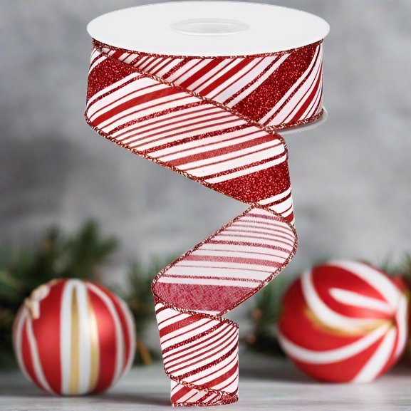 Shop For 1.5" Diagonal Stripes Ribbon: Red (10 Yards) at Michelle's aDOORable Creations