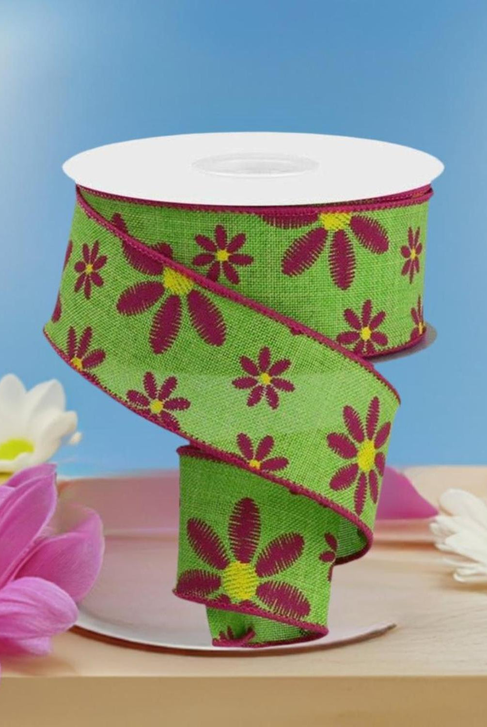 1.5" Embroidered Daisy Ribbon: Lime Green (10 Yards)