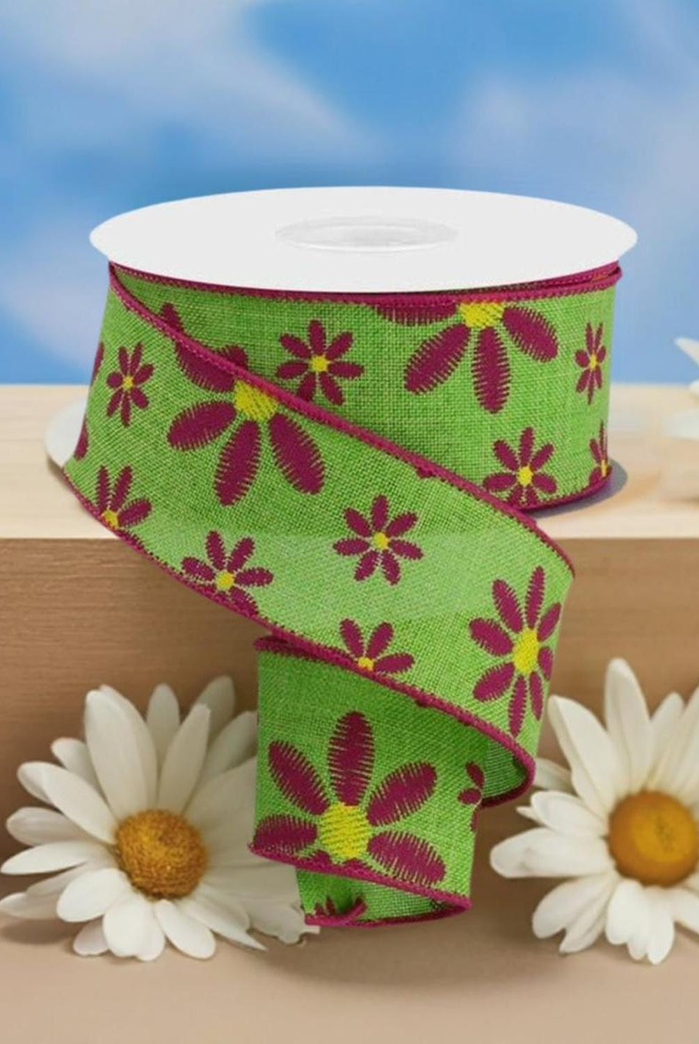 1.5" Embroidered Daisy Ribbon: Lime Green (10 Yards)