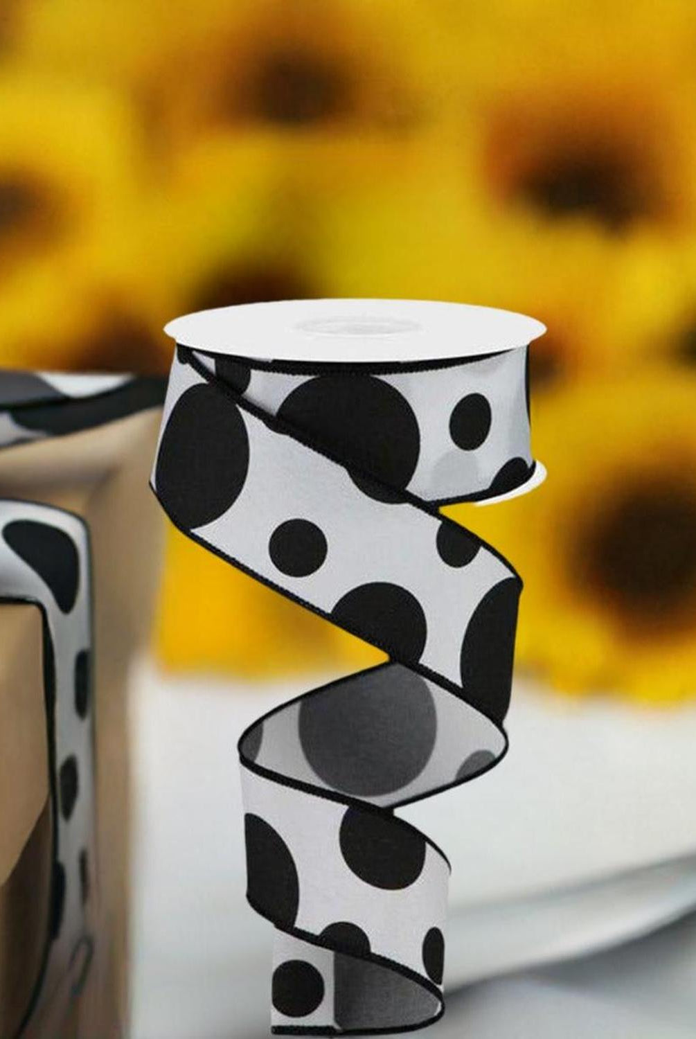 1.5" Giant Three Size Polka Dot Ribbon: White/Black (10 Yards)