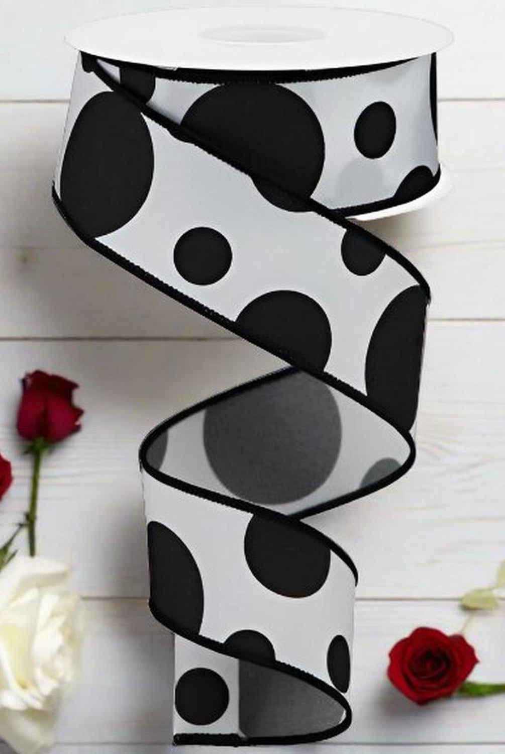 1.5" Giant Three Size Polka Dot Ribbon: White/Black (10 Yards)