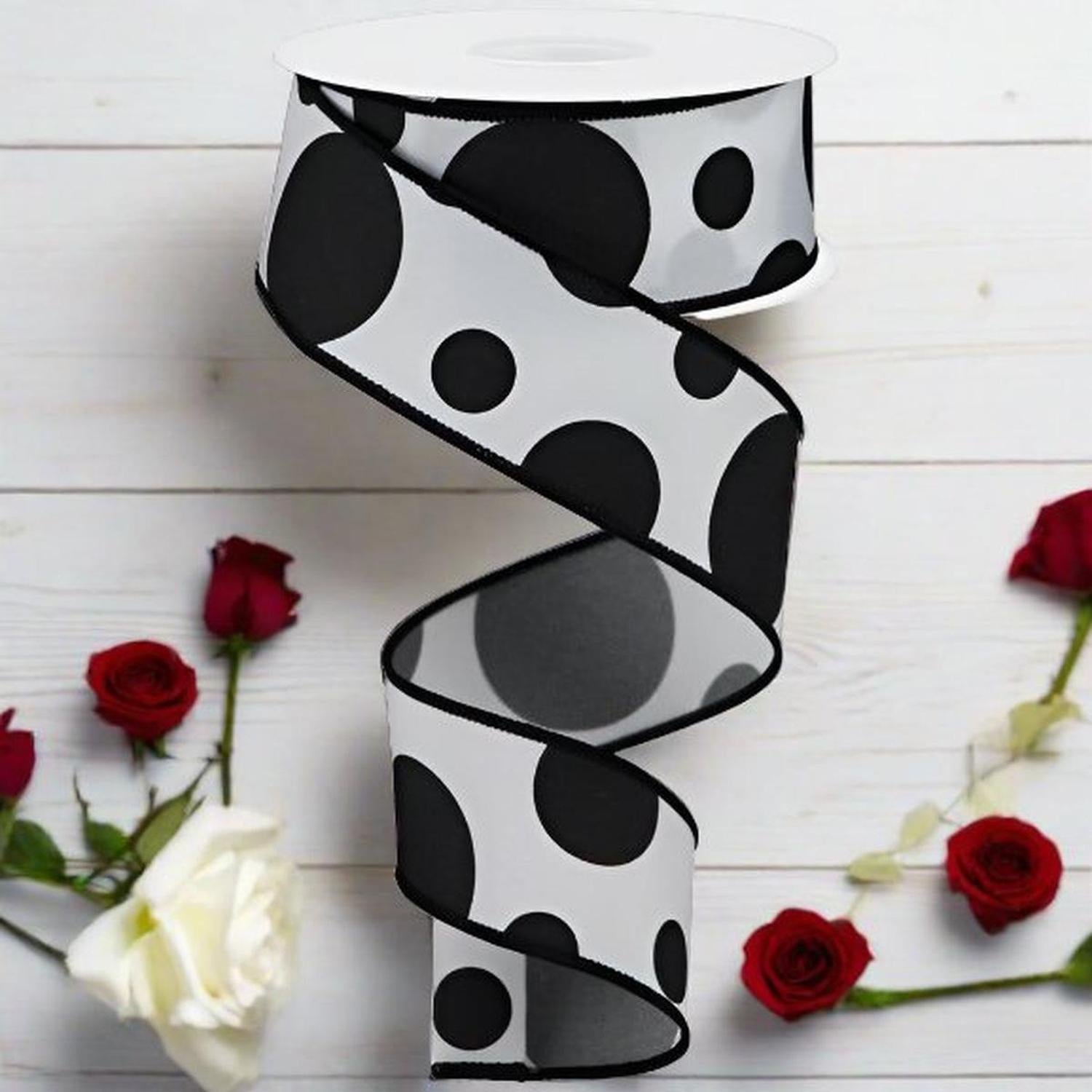Shop For 1.5" Giant Three Size Polka Dot Ribbon: White/Black (10 Yards) at Michelle's aDOORable Creations